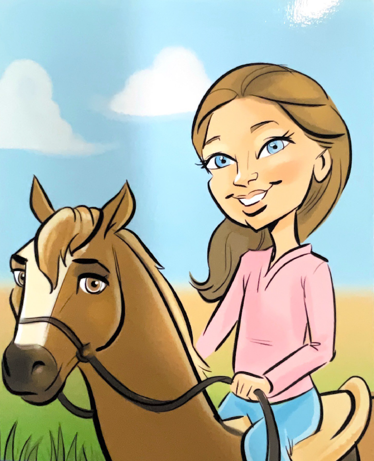 caricature drawing of girl on her horse