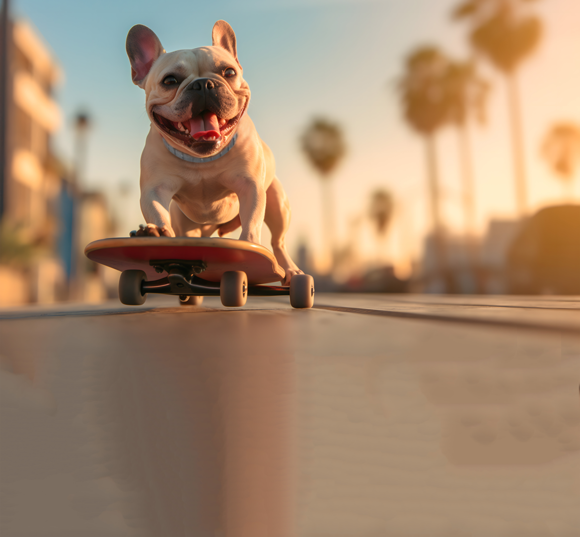 Frenchie dog skateboarding