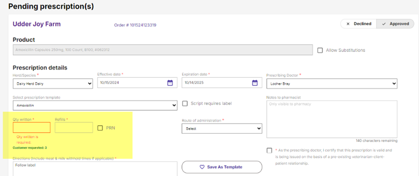 myAnimalRx Manage Directions and Order Quantity Handling feature