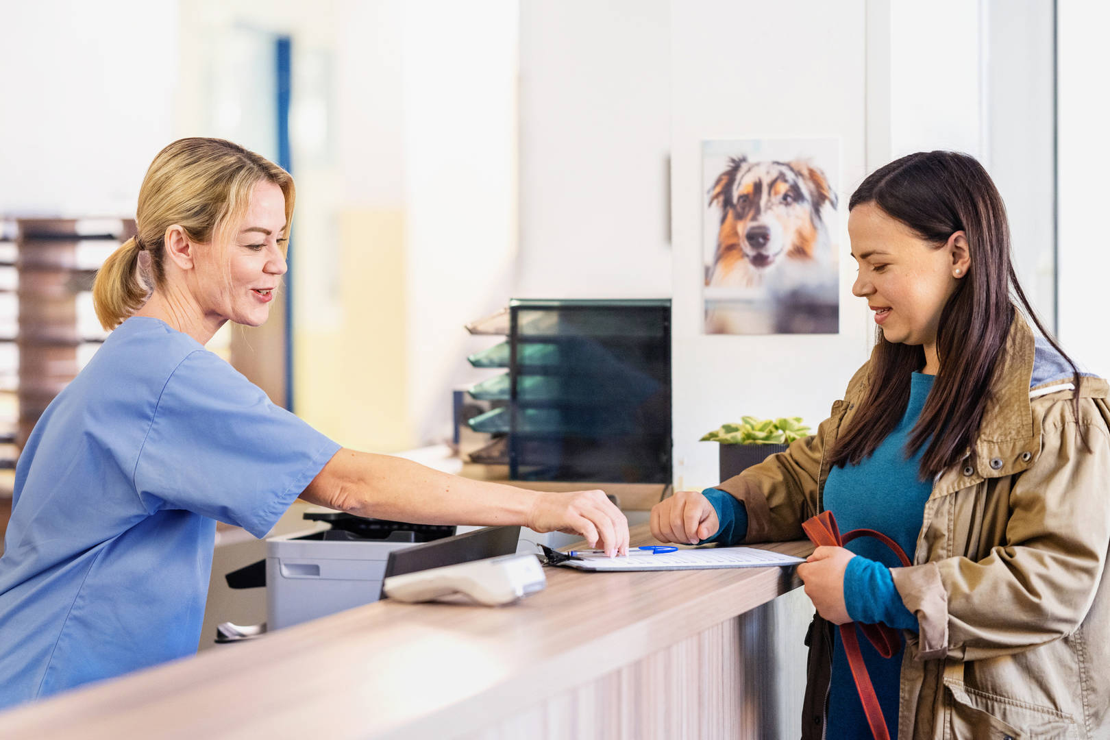 A cheerful woman interacts with a veterinarian receptionist, providing paperwork for her dog's appointment, in a modern clinic setting.