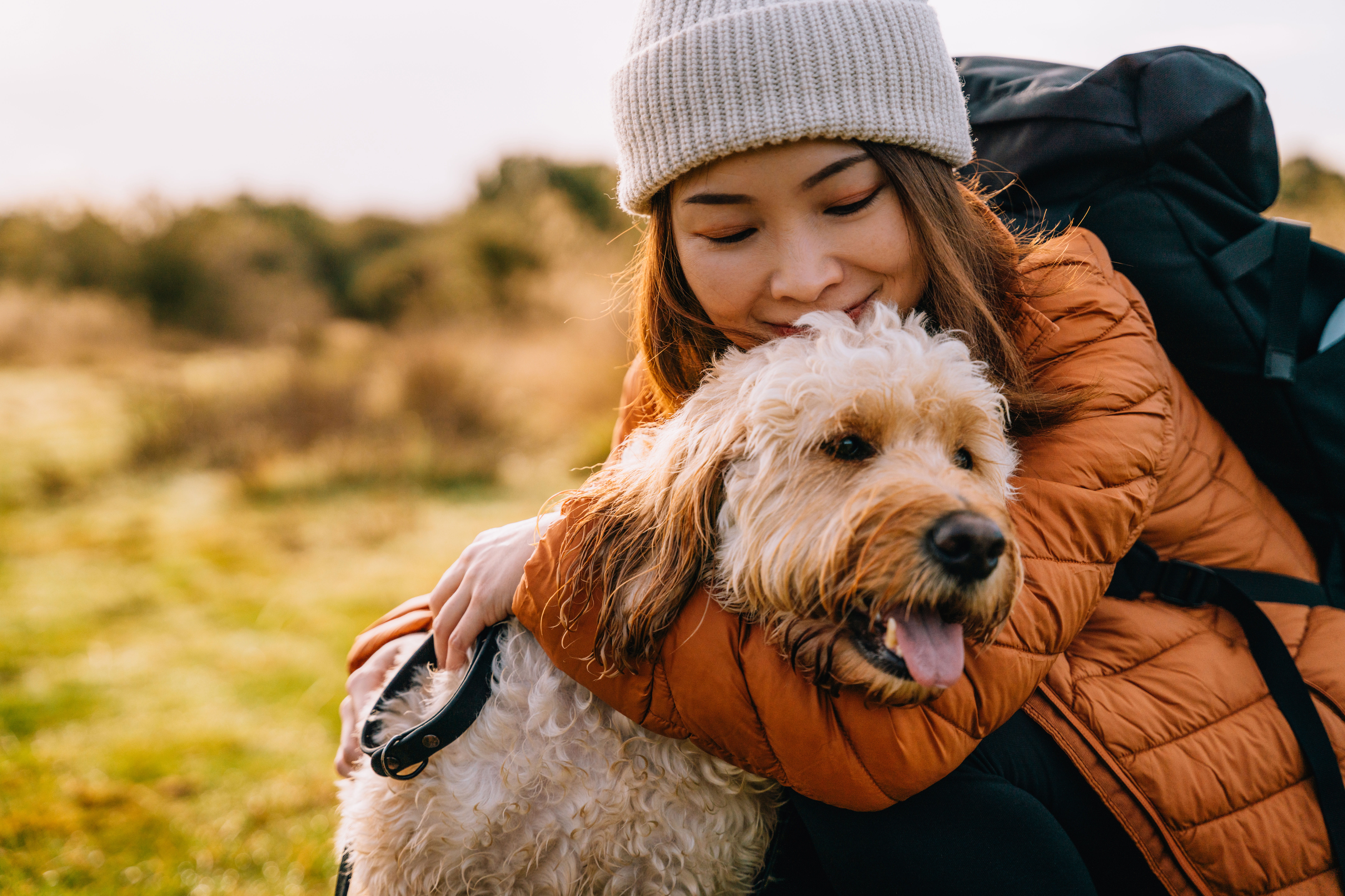 Girl hugging dog in golden hour