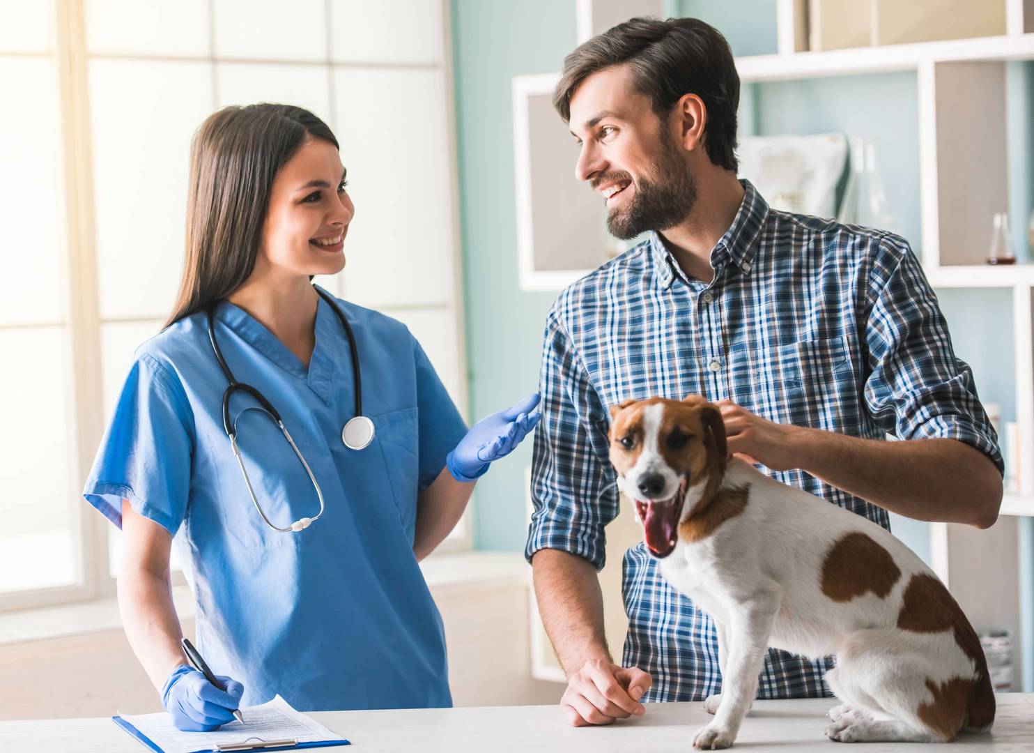 female vet talking to pet owner about small dog